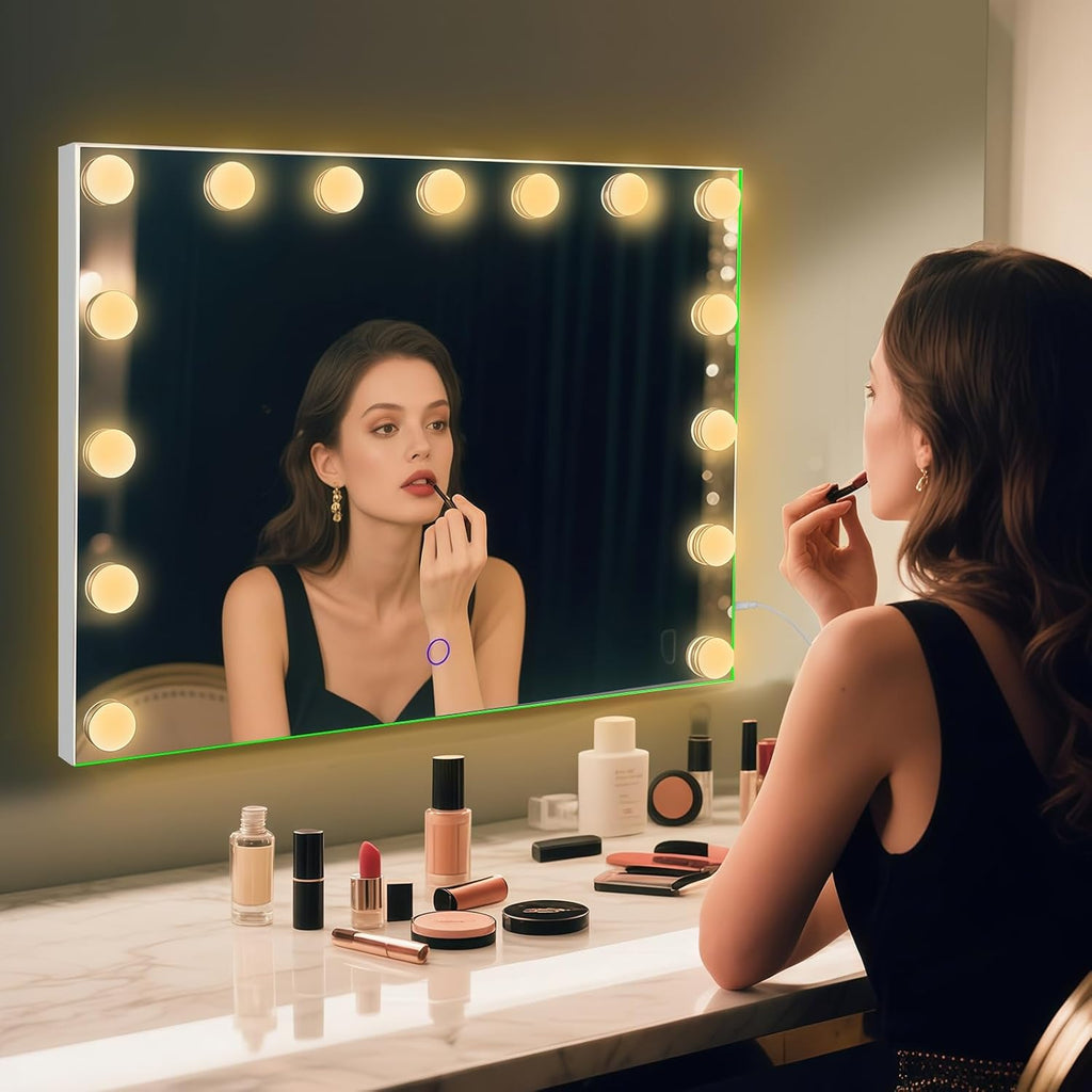 Hollywood Vanity Mirror with Lights, 23"x18" Lighted Makeup Mirror with 10x Magnification for Desk/Wall Mount, 15 Led
