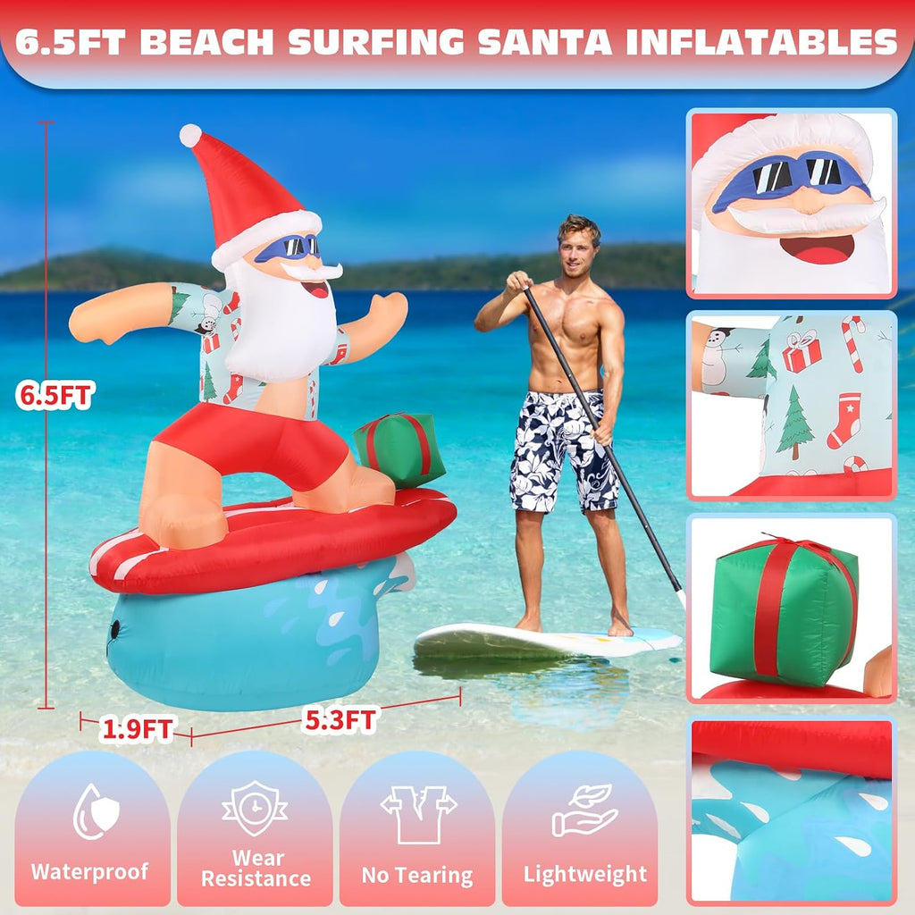 Christmas Santa Inflatable Decorations Outdoor 6.5FT Beach Surfing Hawaiian Tropical Blowups with Build-in LEDs Blow
