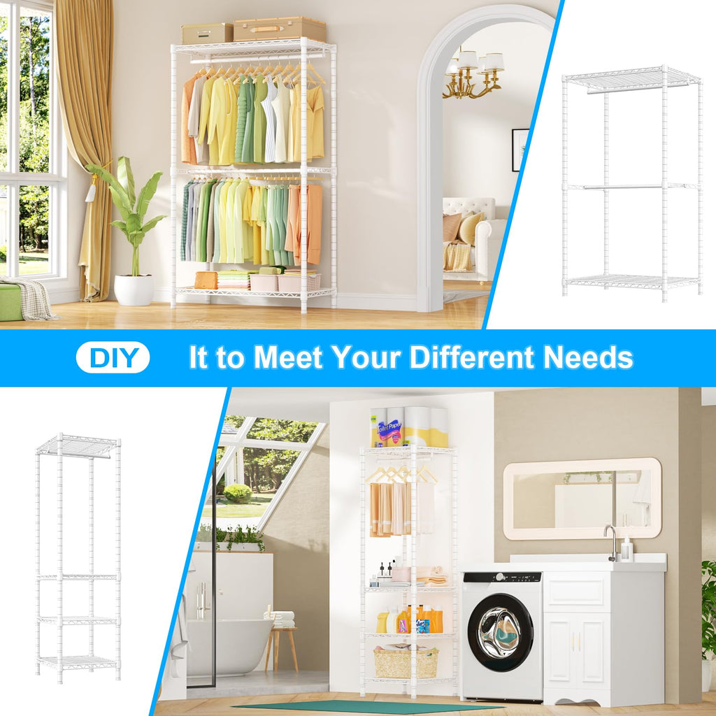 E10 Clothes Rack(With Stretchable Hanger Rod)Freestanding Clothing Racks for Hanging Clothes, Adjustable Closet