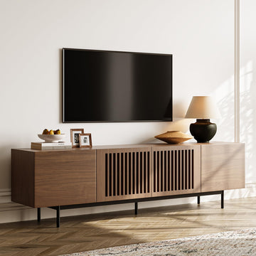 Full Assembled Mid-Century Modern TV Stand with Slatted Doors, Wood Media Console for 75 Inch TV, TV Console with