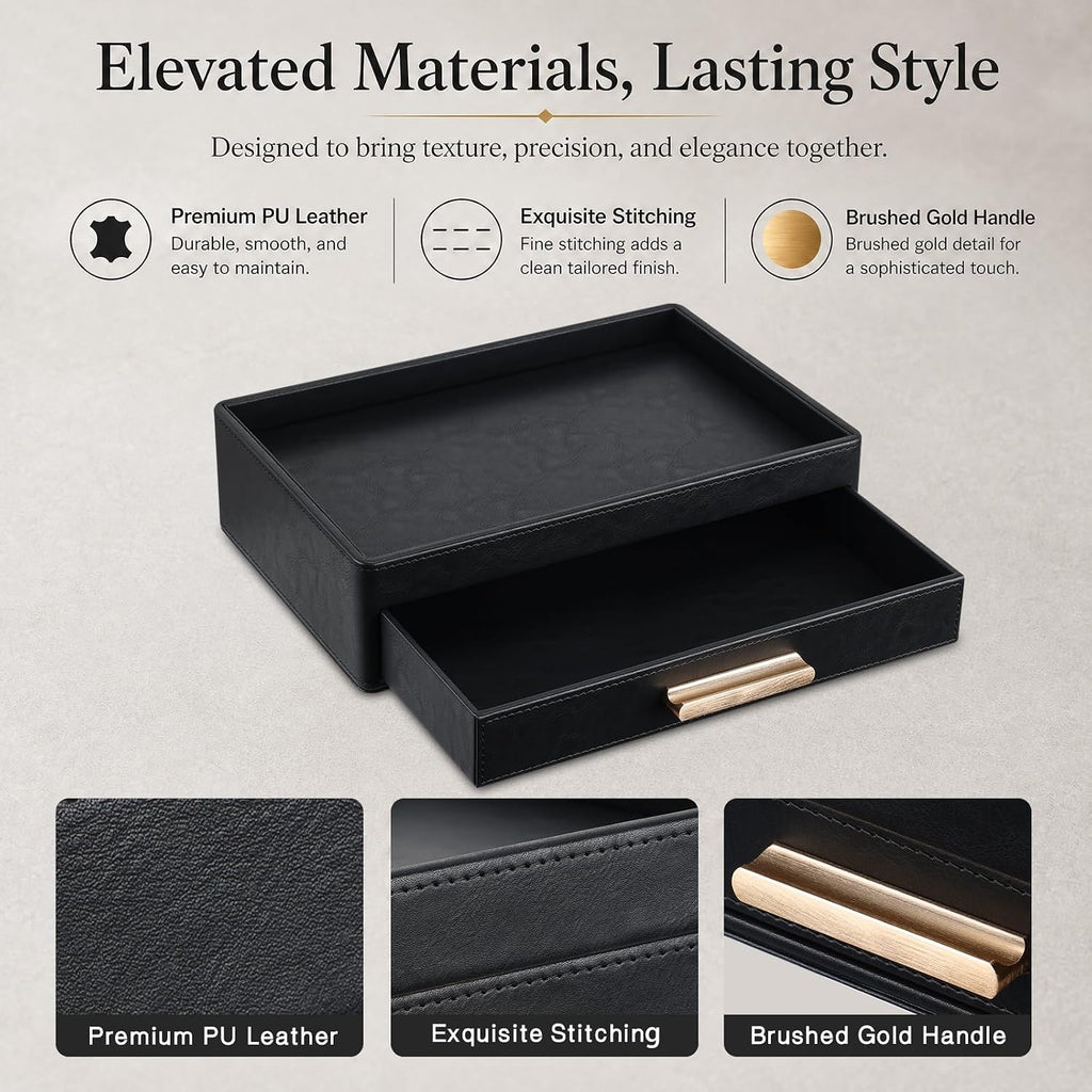 Leather Valet Tray for Men, Nightstand Organizer with Drawer, Black