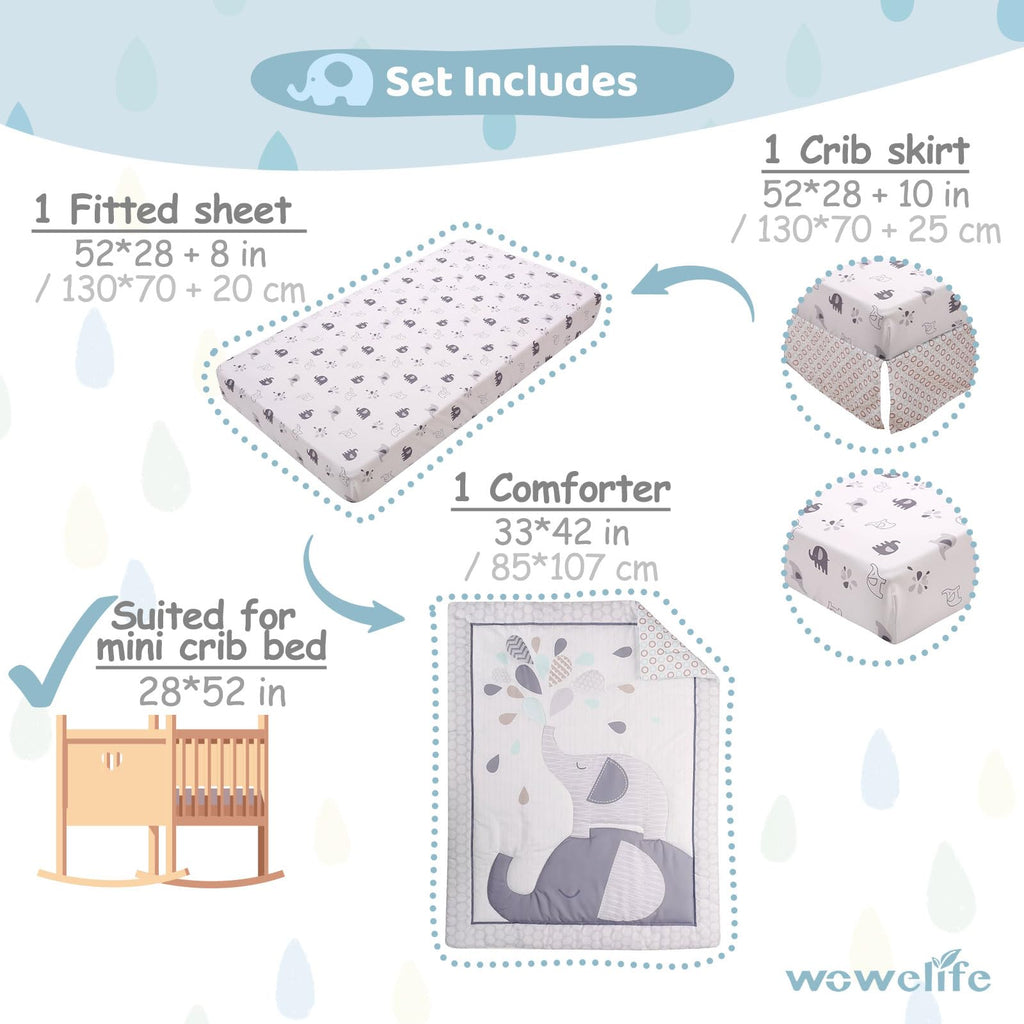 Crib Bedding Set for Boys, Premium 3 Piece Elephant Baby Crib Bedding Set, Baby Nursery Crib Comforter Set for Boys