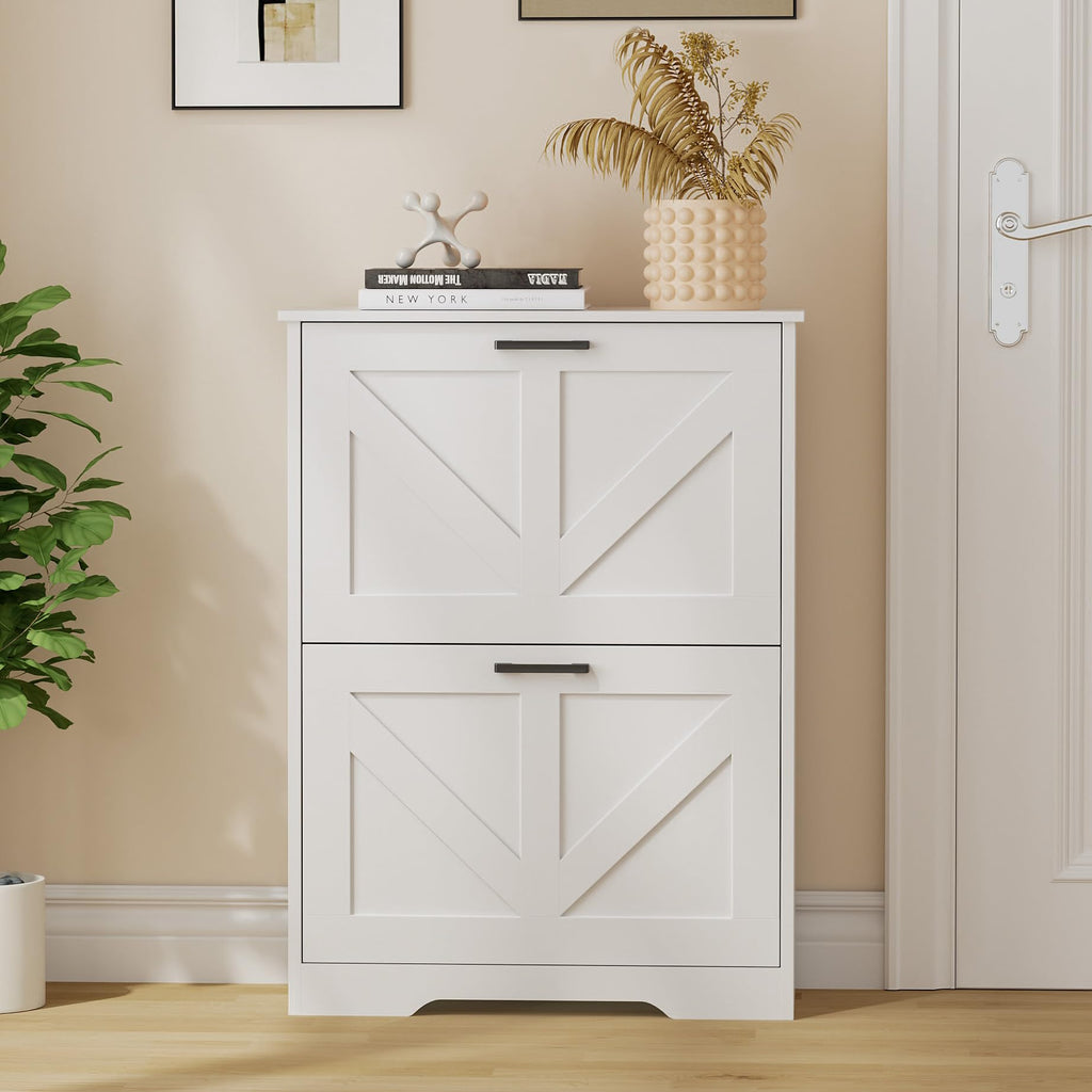 Farmhouse Shoe Cabinet, 2 Barn-Style Flip Drawers