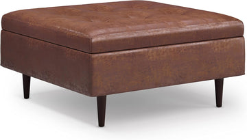 Sienna 33" Wide Linen Look Fabric Storage Ottoman in Dove Grey | Distressed saddle brown, mid-century modern ottoman