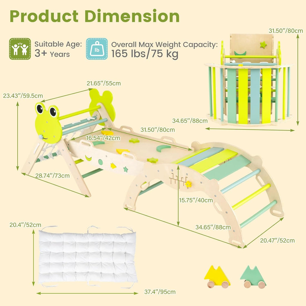 Triangle Set, 13 in 1 Frog Theme Foldable Wooden Montessori Toddler Climbing Toys Indoor with Cushion Ramp Arch