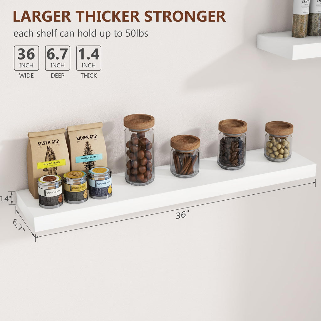 36 Inch Floating Shelves, 6.7 Inch Deep White Wall Shelves Set of 2