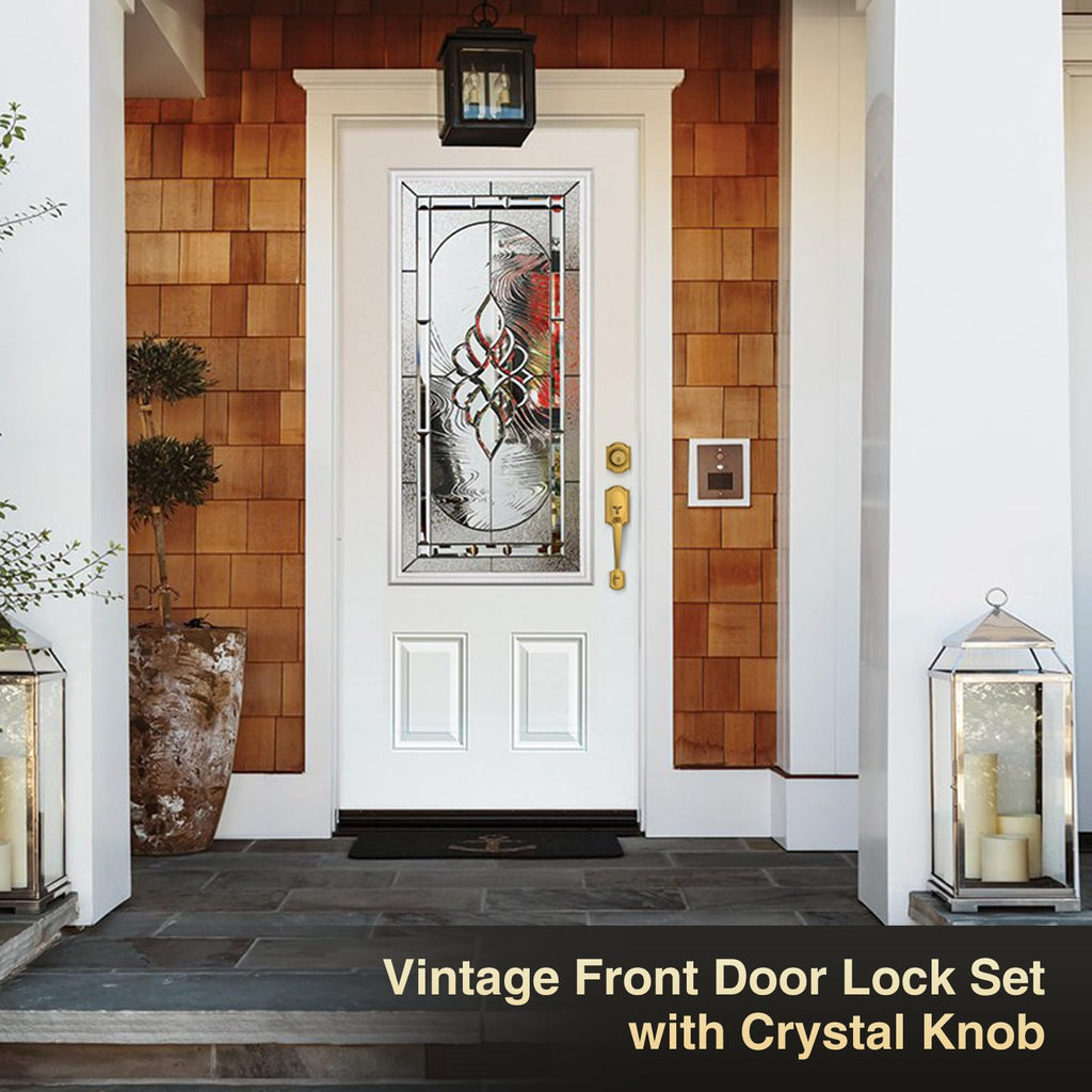 Antique Brass Front Door Lock Set with Glass Door Knob Vintage