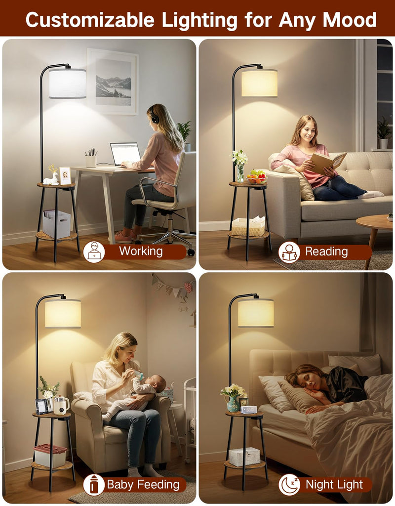 Floor Lamp with Round Table, Dimmable LED Standing Lamp with Remote, 3 Color Temperatures, Side Table with Charging