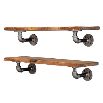 24" Trail Brown Live Edge Wood Shelf with Industrial L-Shaped Pipe Brackets (2-Pack)