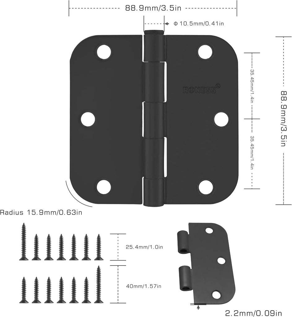 9 Pack Matte Black Door Hinges 3.5 Inch, 5/8" Radius Rounded, Standard Residential for Doors 3 ½",Sturdy Hinges