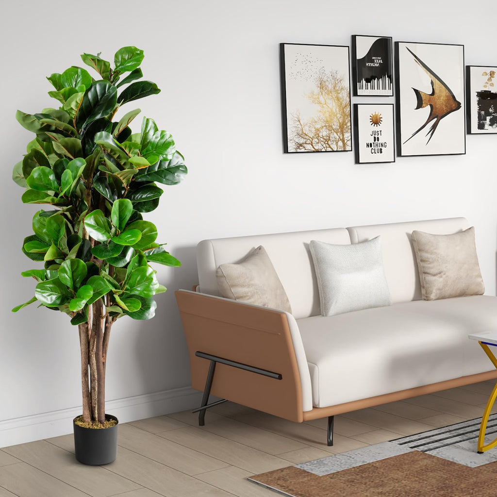 5FT Artificial Greenery Tree, Indoor Fake Fiddle Leaf Fig Tree Plants in Pot, Faux Ficus Lyrata Tree Decoration