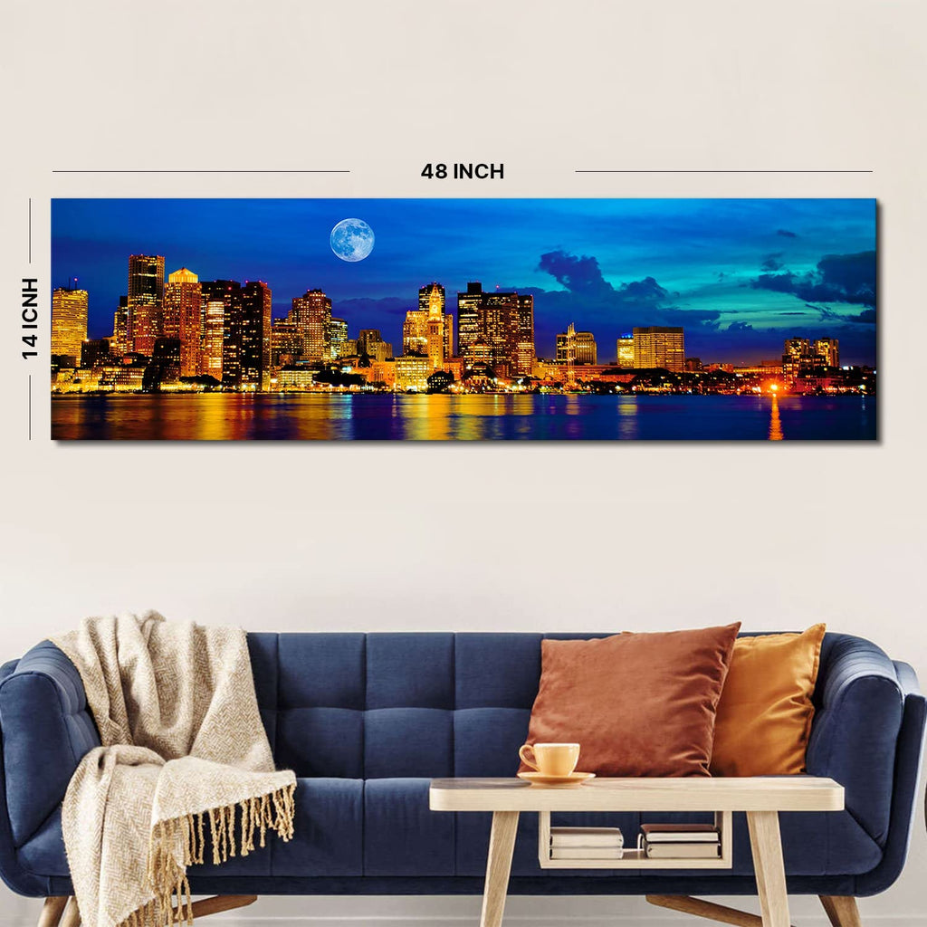 Boston Skyline Wall Blue Night Moon Massachusetts Cityscape Painting Canvas Prints USA Boston Downtown Skyscraper