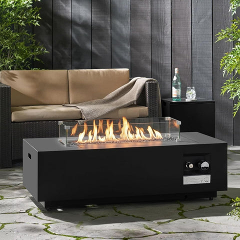 42'' Outdoor Propane Fire Pit Table, 50,000 BTU Rectanle Natural Gas Fire Pits with Tank Cover Wind Guard