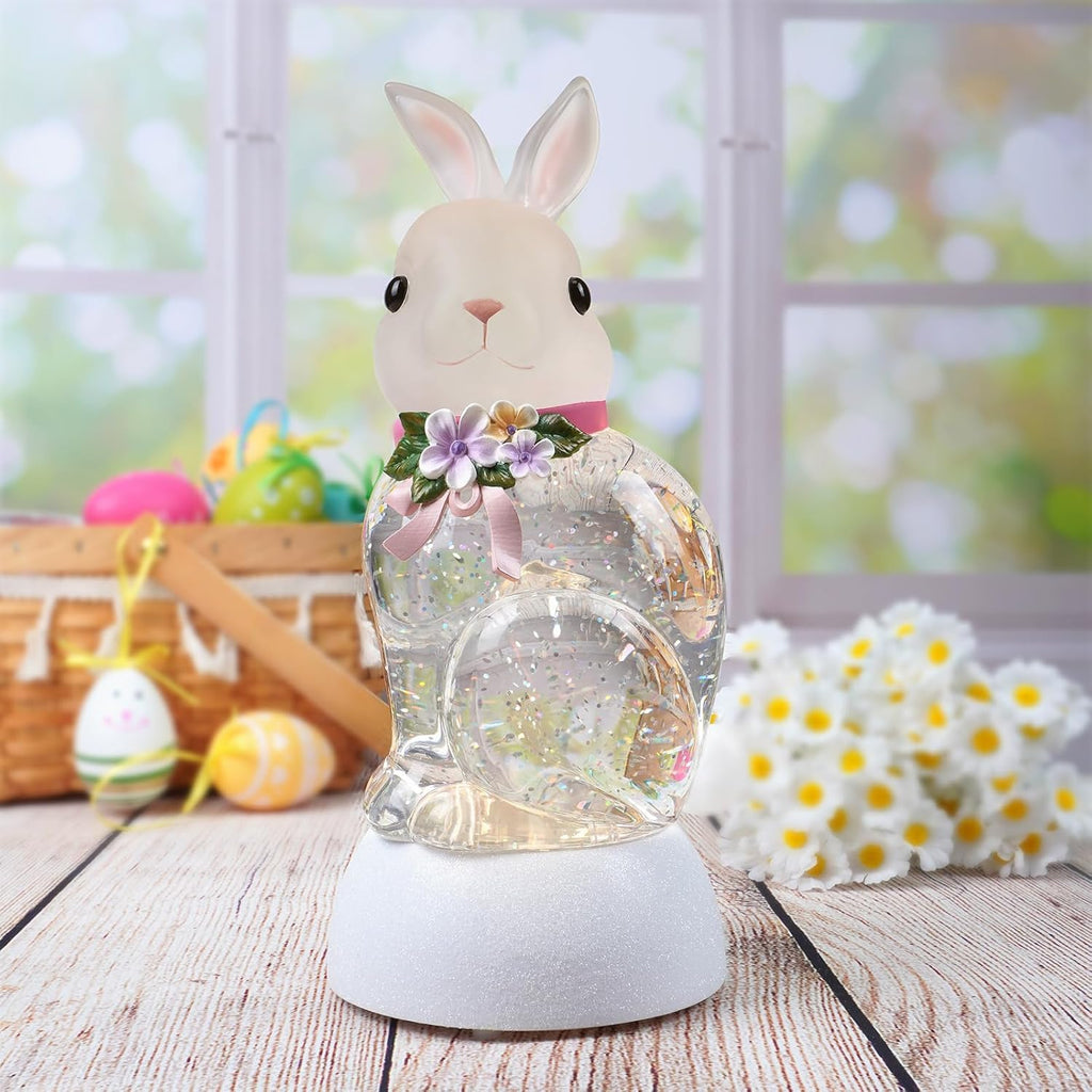 Spring Rabbit Snow Globe Lantern, Rabbit Snowglobe Decor with Swirling Glitter, 6H Timer, USB or Battery Powered
