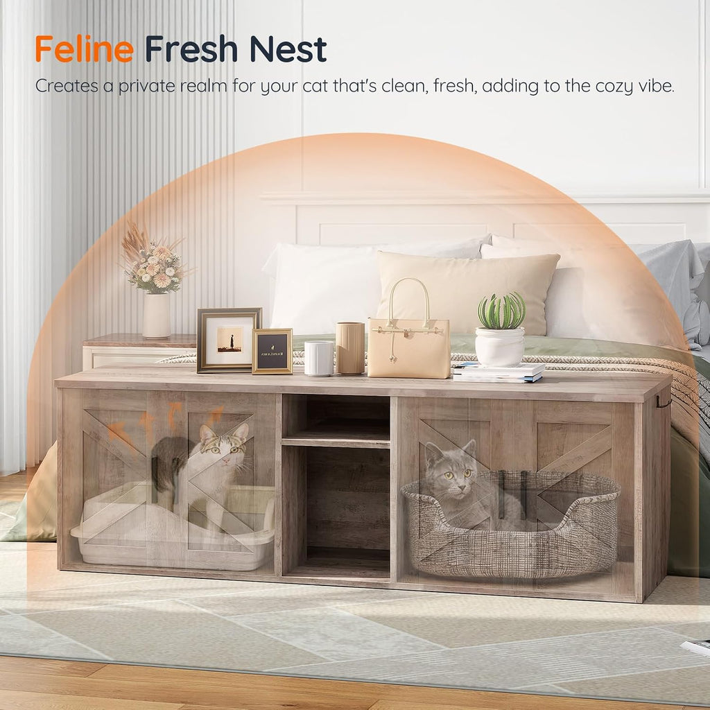 Double Litter Box Enclosure, Hidden Litter Box Enclosure with Corridor, Cat Litter Box Furniture with Storage Layer