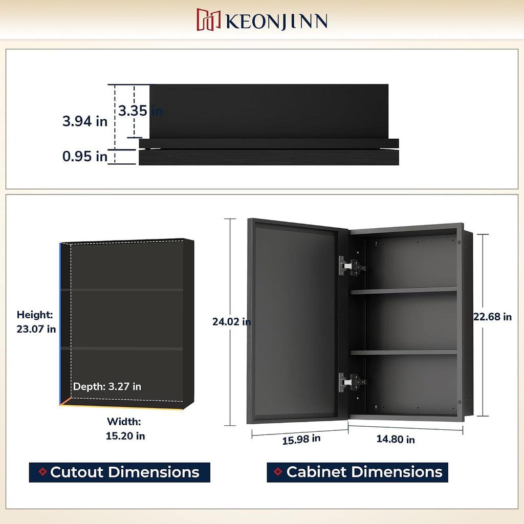 16" x 24" Bathroom Medicine Cabinet with Mirror, Black, Assembled | Adjustable Shelves, Aluminum Framed, Recessed or
