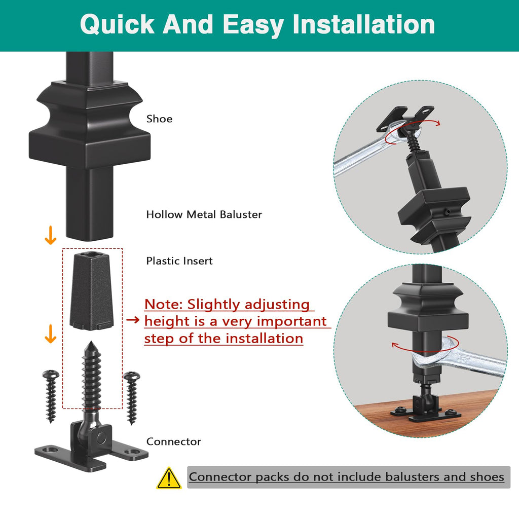 Adjustable Height and Angle Stainless Steel Connectors for Easy Installation of 1/2" Deck Stair Hollow Metal