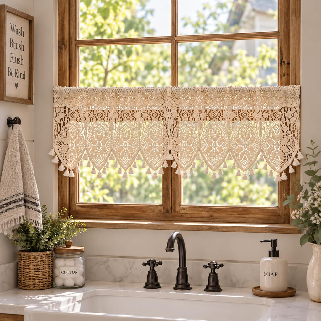 Boho Valance Farmhouse Crochet Curtain Tier Beige Cotton Lace 47x15 Inch
