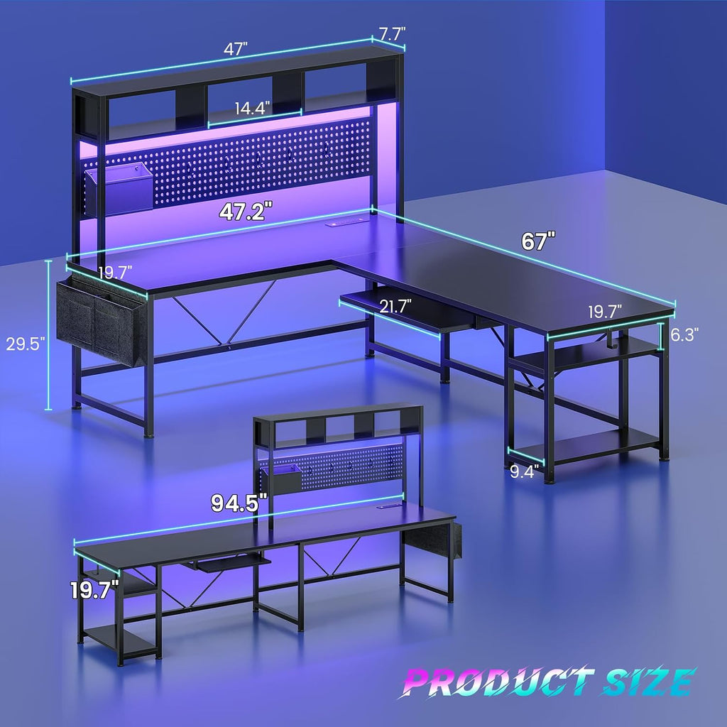 67" L Shaped Gaming Desk with Pegboard LED Lights and Power Outlet | Reversible Computer Desk with Keyboard Tray