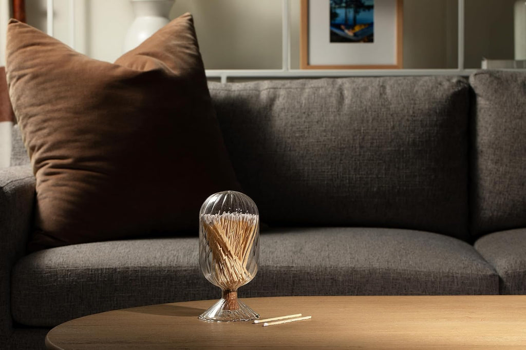 Premium Helix Glass Cloche - Decorative Jar with Striker. Holder for Long Matches for Candles, Fireplace, Bathroom