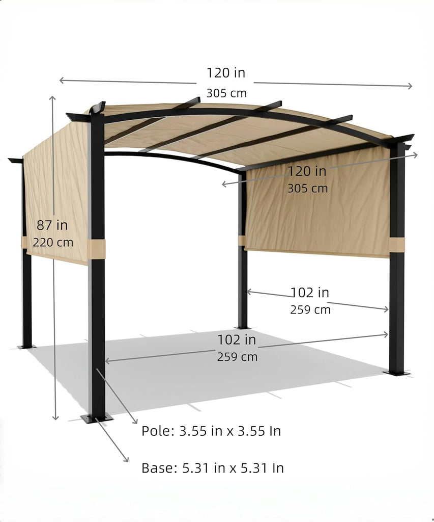 10 x 10 ft Outdoor Arched Pergola, Metal Pergola with Retractable Canopy, Arched Style Gazebos for Backyard