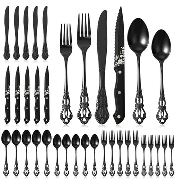 36 Pcs Black Silverware Set for 6, Gothic Forks Spoons Knives