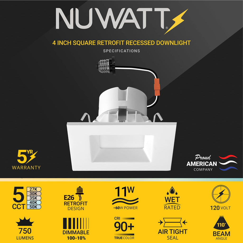 12 Pack 4" Square Can Lights, 5CCT 2700K-5000K, Wet Rated, Dimmable