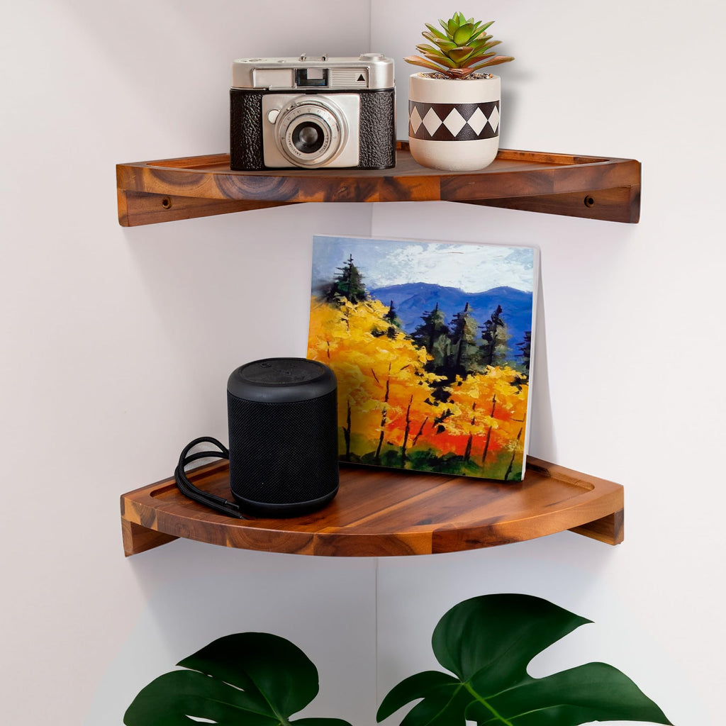 Round Floating Corner Shelves, Natural Acacia Wall Shelf, Set of 2