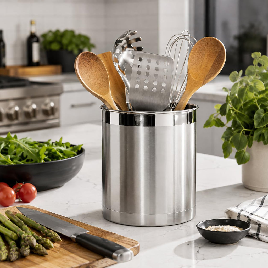 Stainless Steel Jumbo Utensil Holder - 7" Utensil Caddy, Weighted Base for Stability - Extra Large Utensil Crock