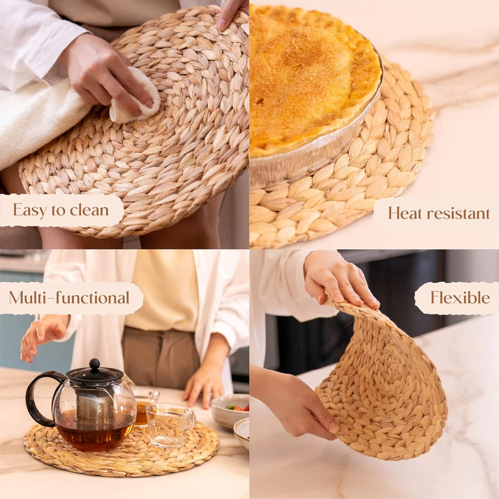 6 Pack, Round Woven Placemats, Natural Water Hyacinth Wicker Place mats, Braided Straw Table Mats, Charger Plates for