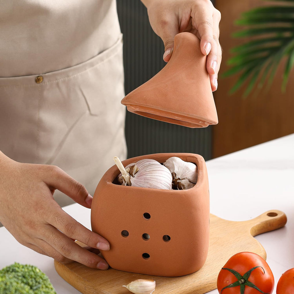 Terracotta Garlic Keeper Saver, Clay Storage Jar Large Container, Ceramic Garlic Pot Holder