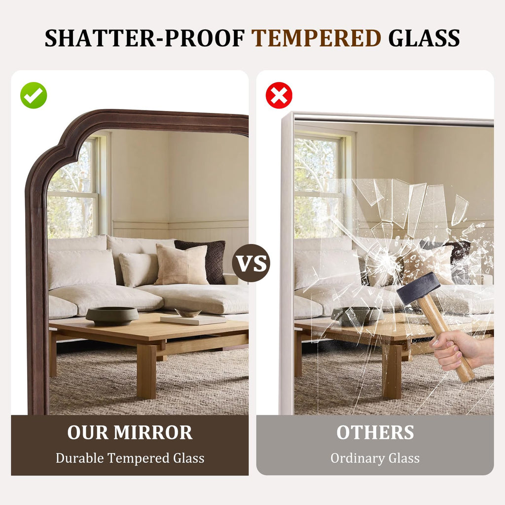 Full Length Mirror Wall Mounted, Rustic Wooden Frame Floor Mirror, Rounded Corner Large Full Body Mirror, Dressing