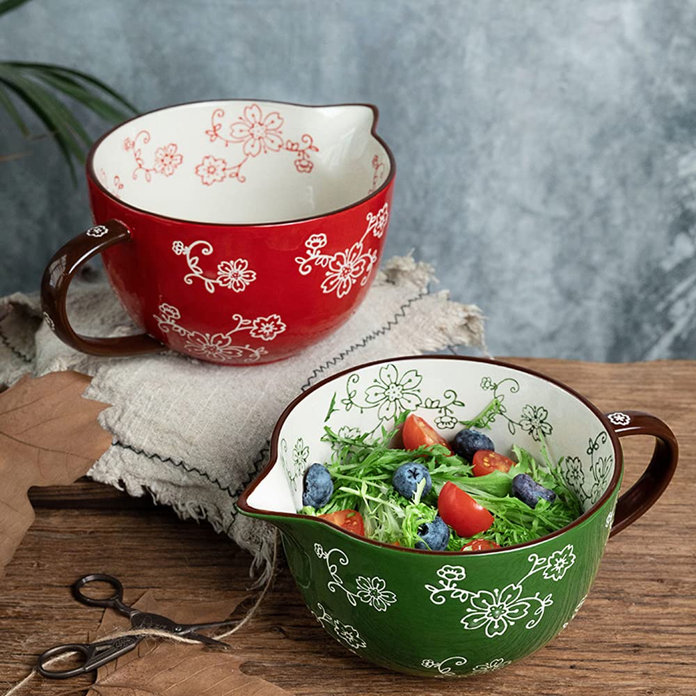 Cherry Blossom Pattern Kitchen Ceramic Mixing Bowl, 1 Quart Large Bowl, with Pouring Spout and Handle