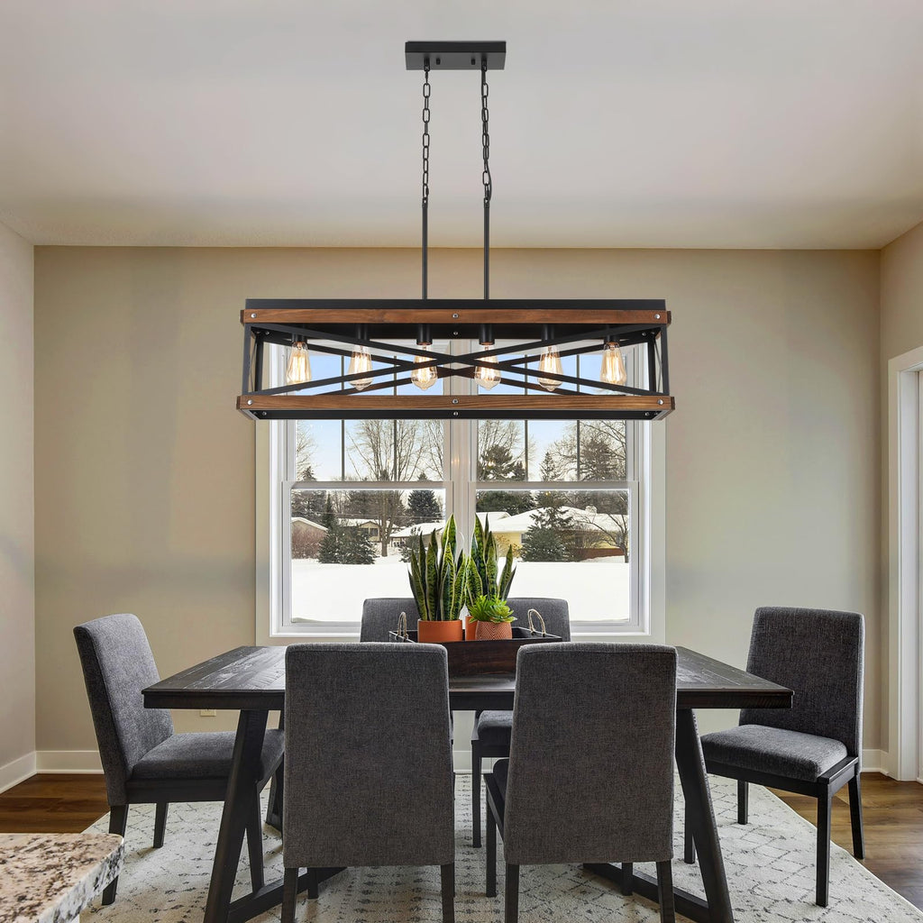 Rustic Farmhouse Wood Kitchen Island Lighting, 6 Lights Rectangular Pendant Light Fixture, Adjustable Chain Oak Wood
