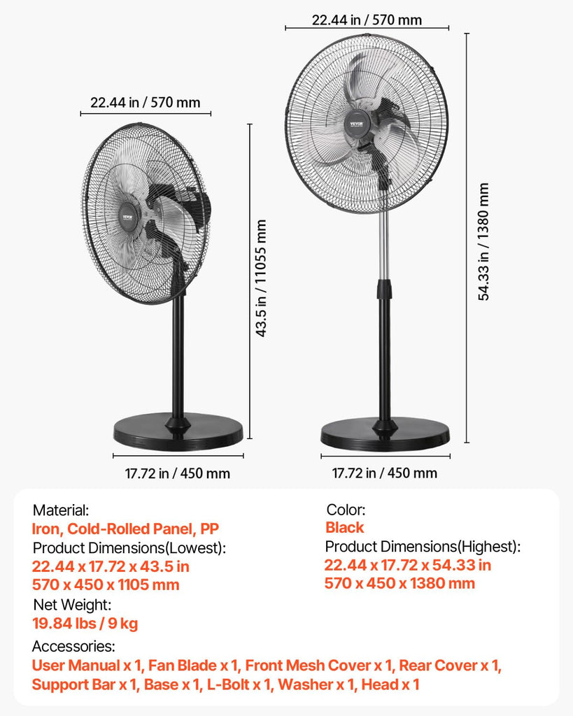Industrial Pedestal Fan, 20 Inch 90-Degree Oscillating Fan, Height Adjustable Standing Fans with 3 Adjustable Speeds