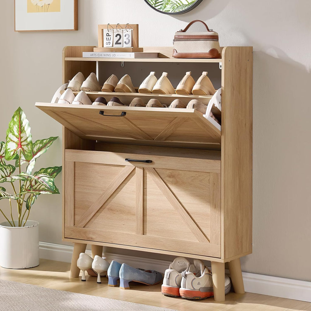 Shoe Cabinet Storage with 2 Flip Drawers Rack Narrow Organizer Slim Hidden Wood Shoe Cabinet Furniture Natural