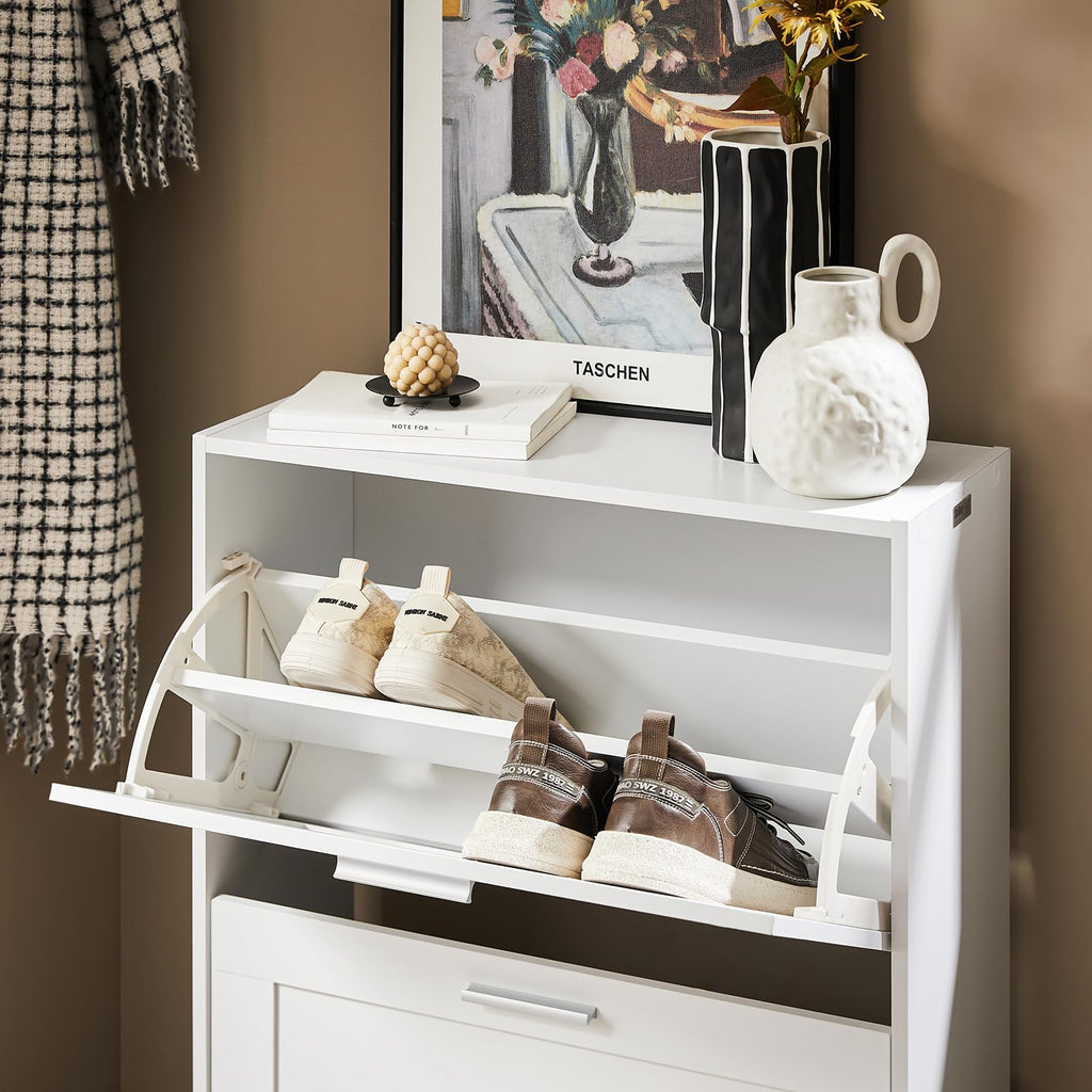 Hestiamo Entryway Flip Drawer Shoe Storage Cabinet, Narrow Size, White