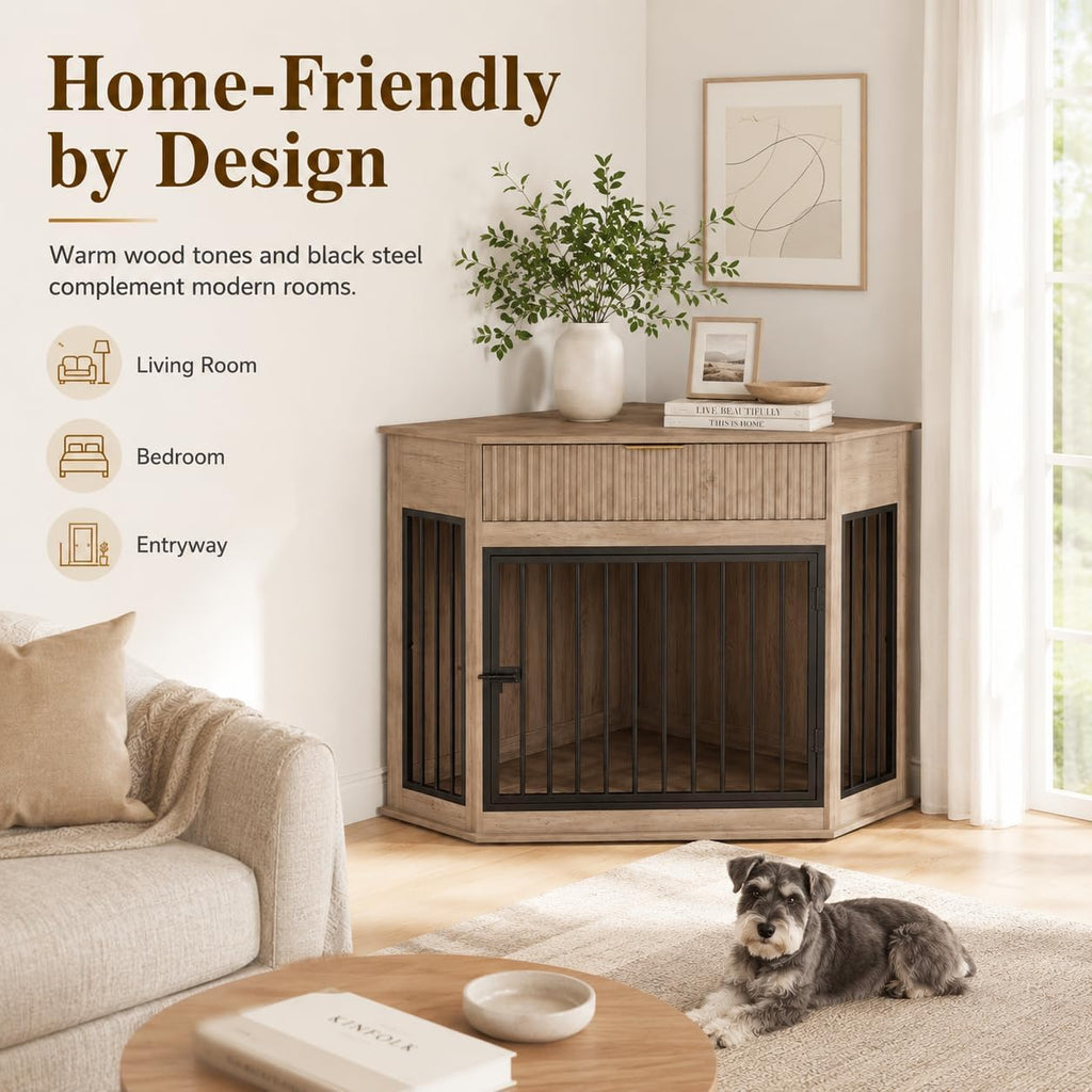 Corner Dog Crate Furniture with Fluted Drawer