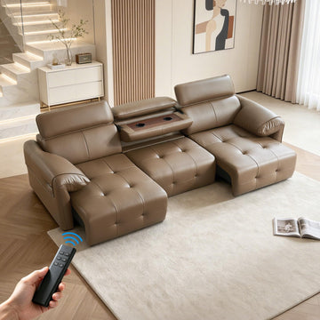 Electric Pull Out Couch With Adjustable Headrests, Genuine Leather Power Recliner Sofa with Extendable Footrest