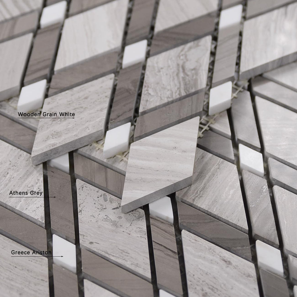 Gray Stone Diamond Mosaic Tiles, 5-Sheet Pack (5 Sq.Ft), Natural Textured Finish (Non-Polished), Geometric Rhombus