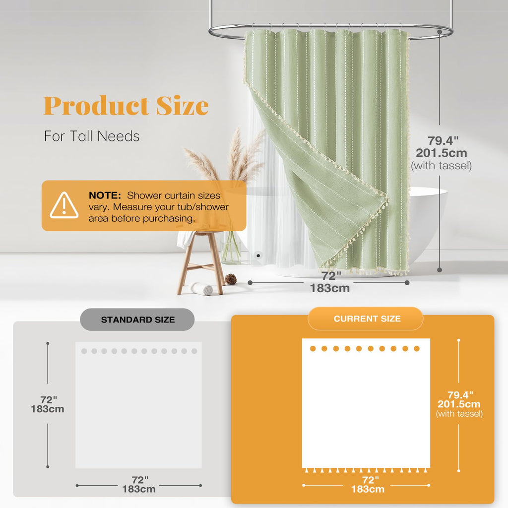 3 in 1 Boho Long Linen Shower Curtain with Liner, Sage Green, 72x78