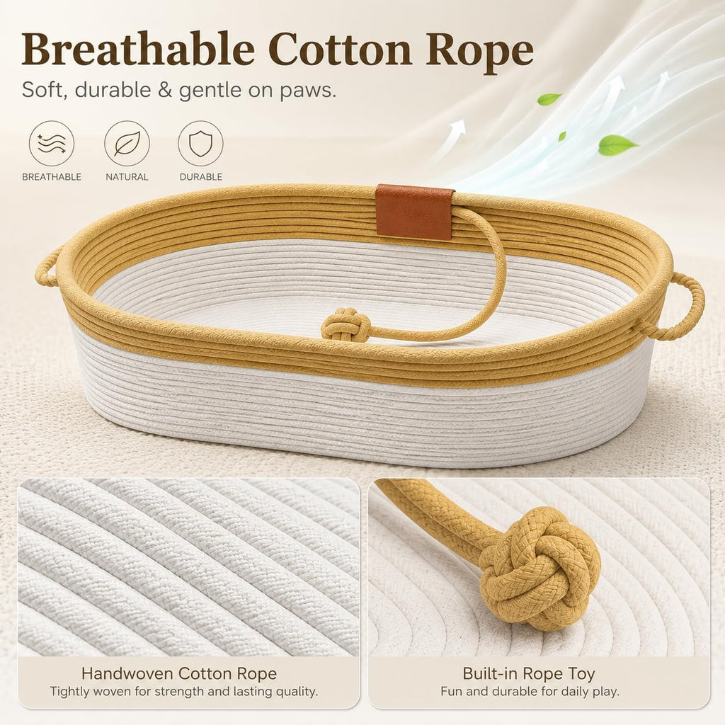 Handwoven Cotton Rope Cat Basket Bed, Oval Wicker Cat Bed with Toy Ball & Handles (L Size for Cats Up to 18