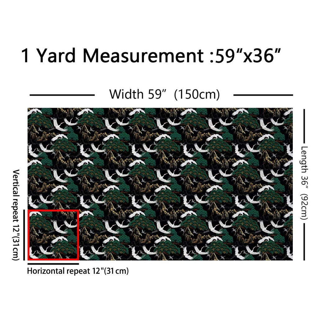 White Crane Fabric by The Yard Green Wild Trees Sketch Mountain Decor Soft Polyester No Stretch Eastern Style Bird
