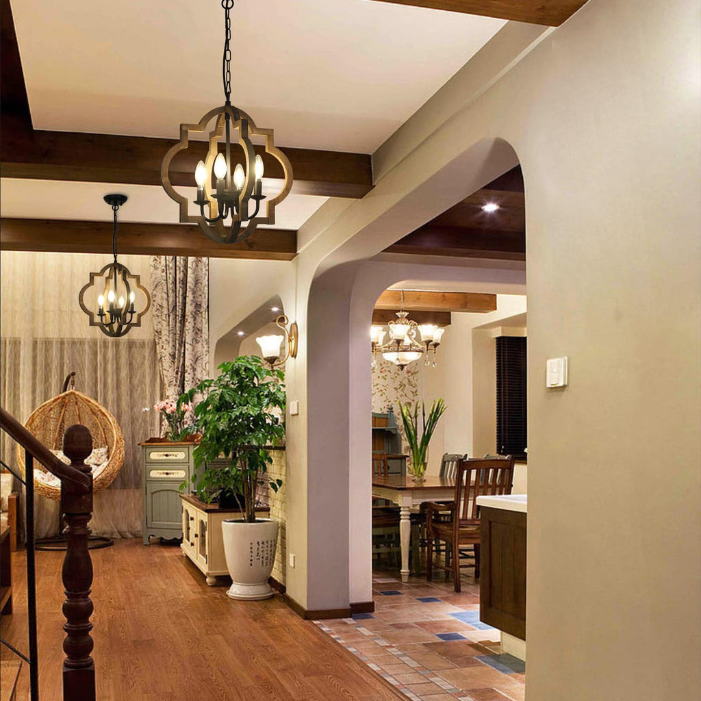Farmhouse Chandelier Light Fixtures, 4-Light Dining Room Light Fixtures Over Table, Solid Wood Chandeliers, 15.7"