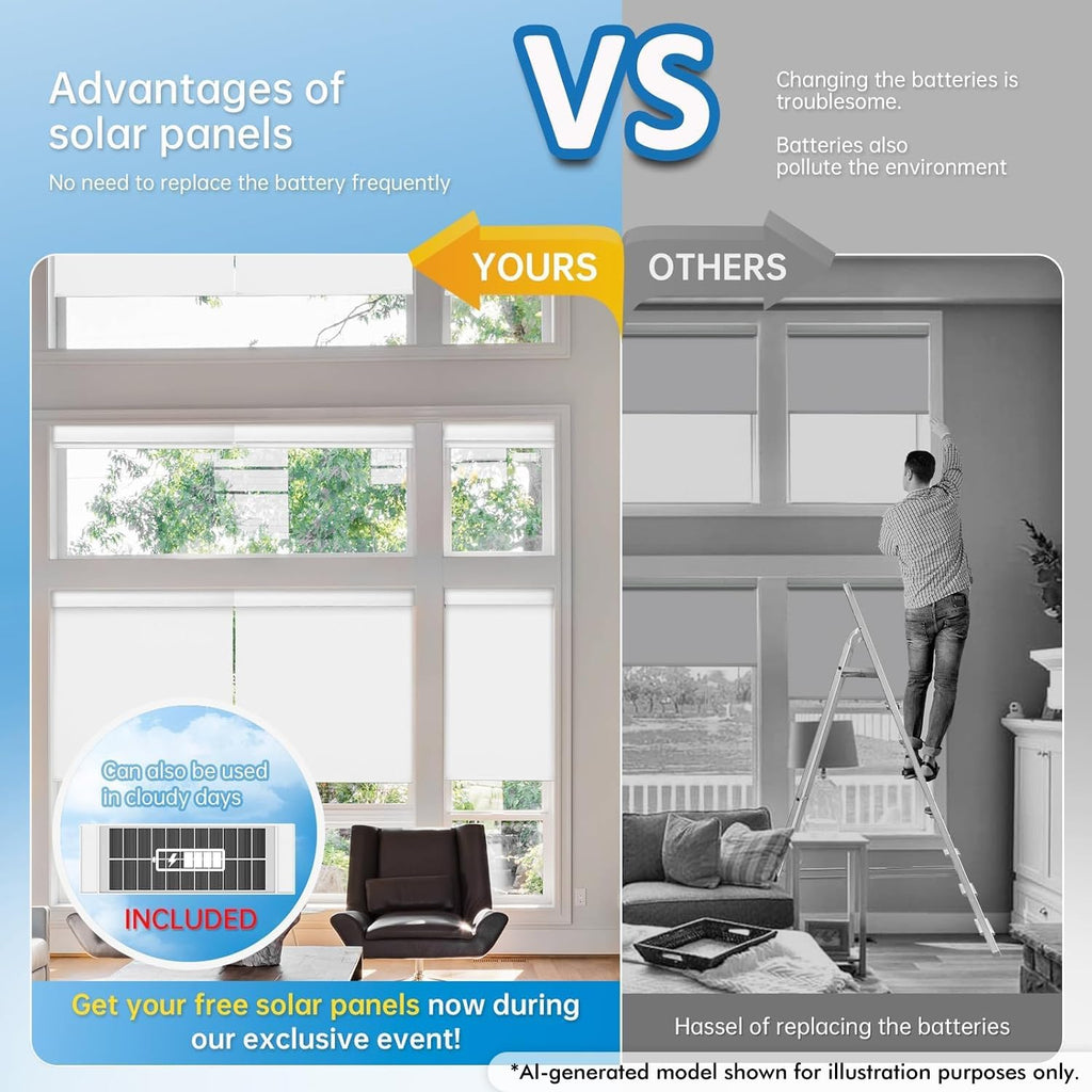 Motorized Blinds with Remote, Thermal Electric BlindsSolar Panel:, Customizable Automatic Roller Shades, Blackout