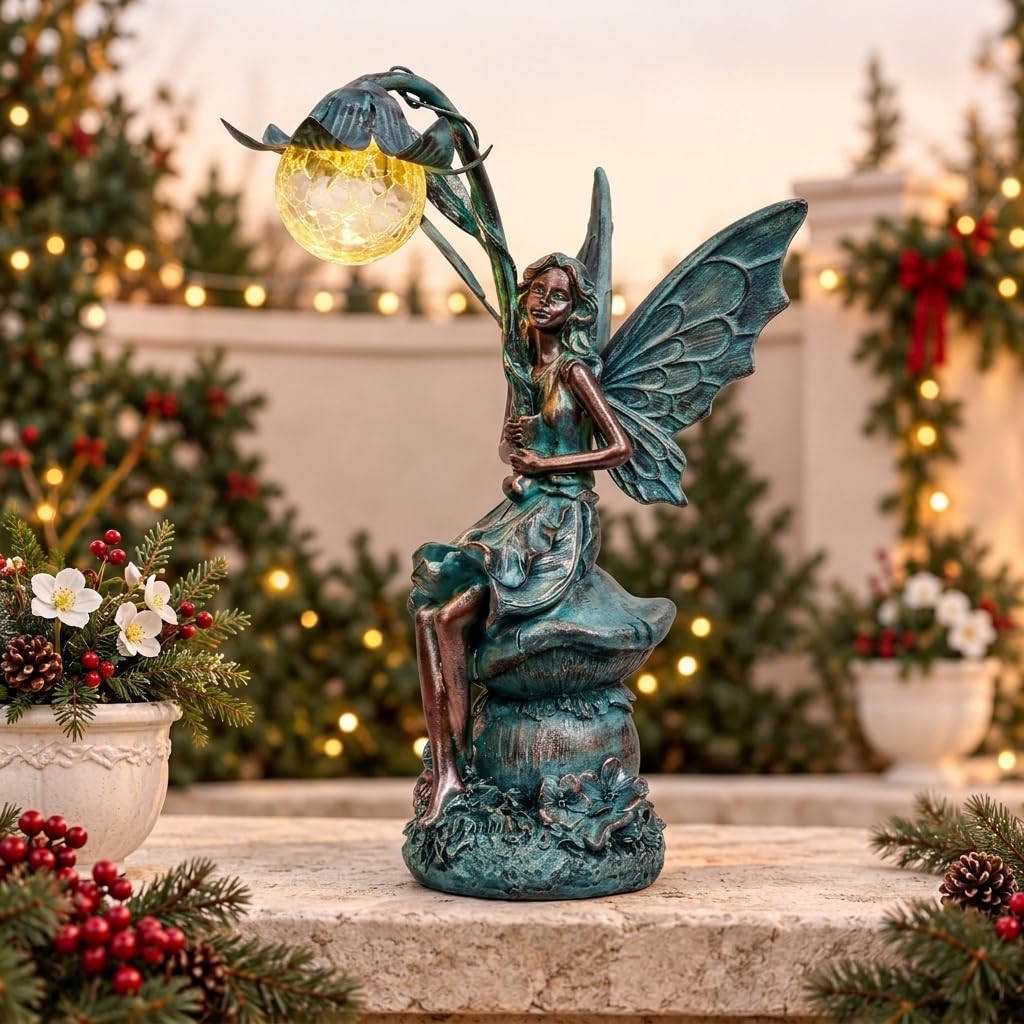 Fairy Garden Statue Solar Resin Patina Bronze 13.8"