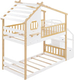 Wood Twin House Bunk Bed with Stairs, Kids Twin Bed Frame with Window and Roof