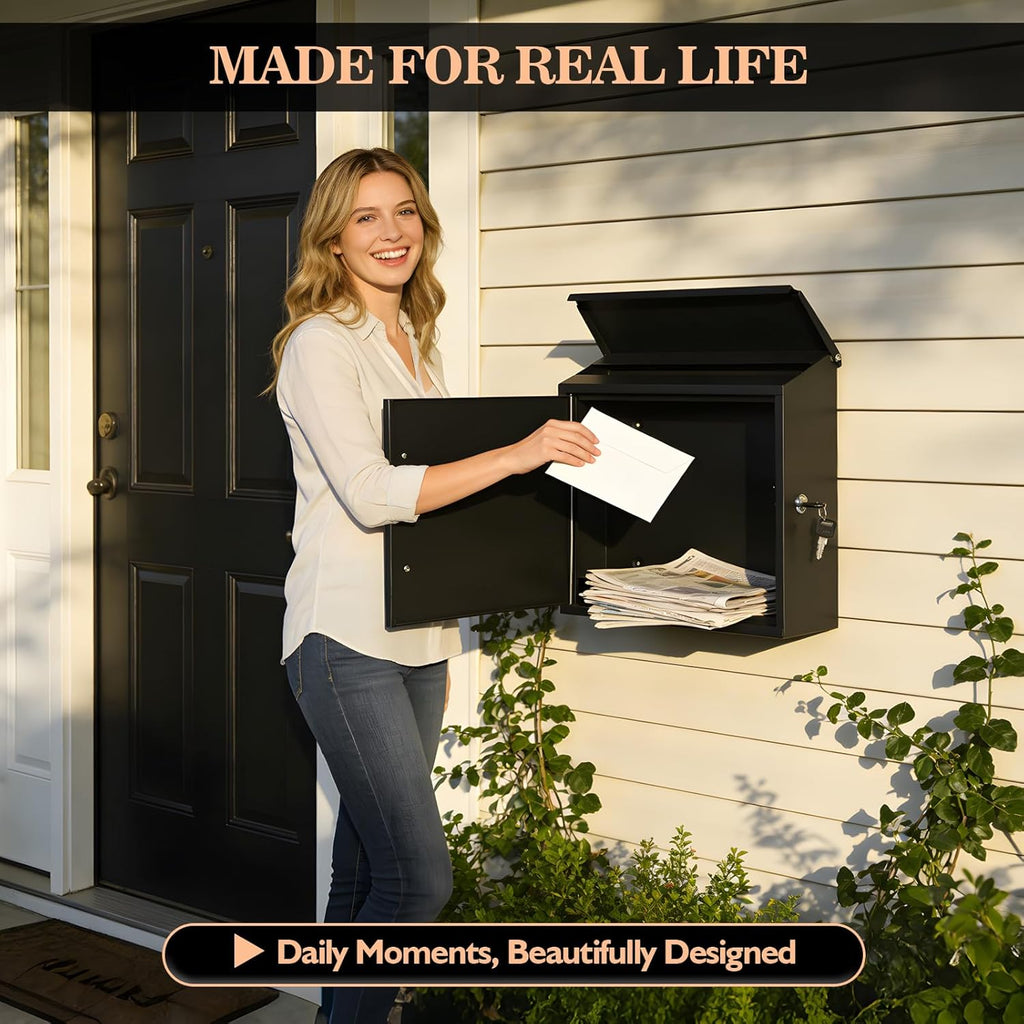 Wall Mounted Mailbox, 13x14x4inch Large Capacity with Wood-Grain Steel Panel