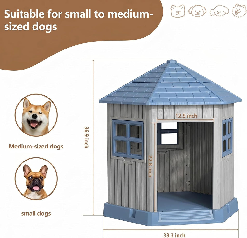 Dog House Indoor Outdoor Durable Large Dog Shelter with Outside Dog Kennel with Window and Elevated Floor for Small