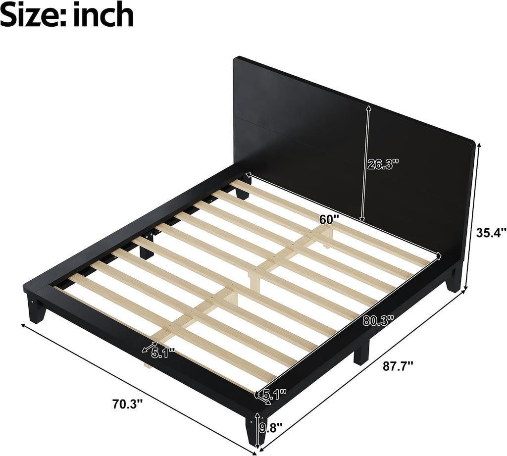 Queen Size Wood Bed Frame with Headboard, Japanese Platform Bedframe